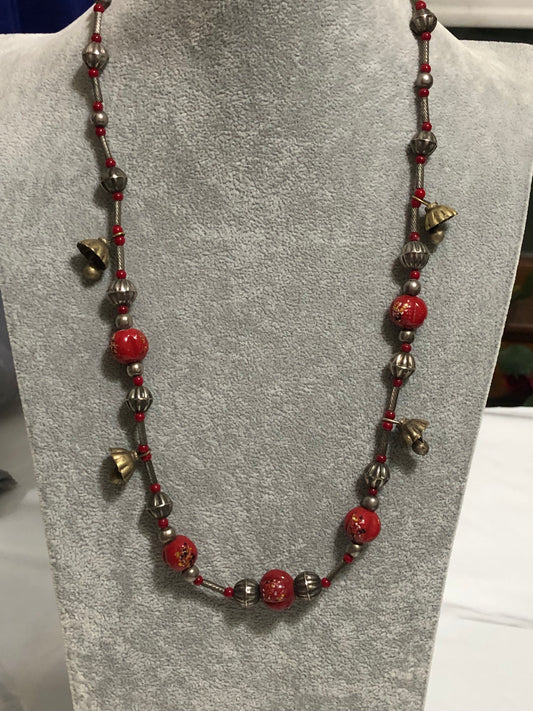 Red Coral Beads Silver with Brass Bells