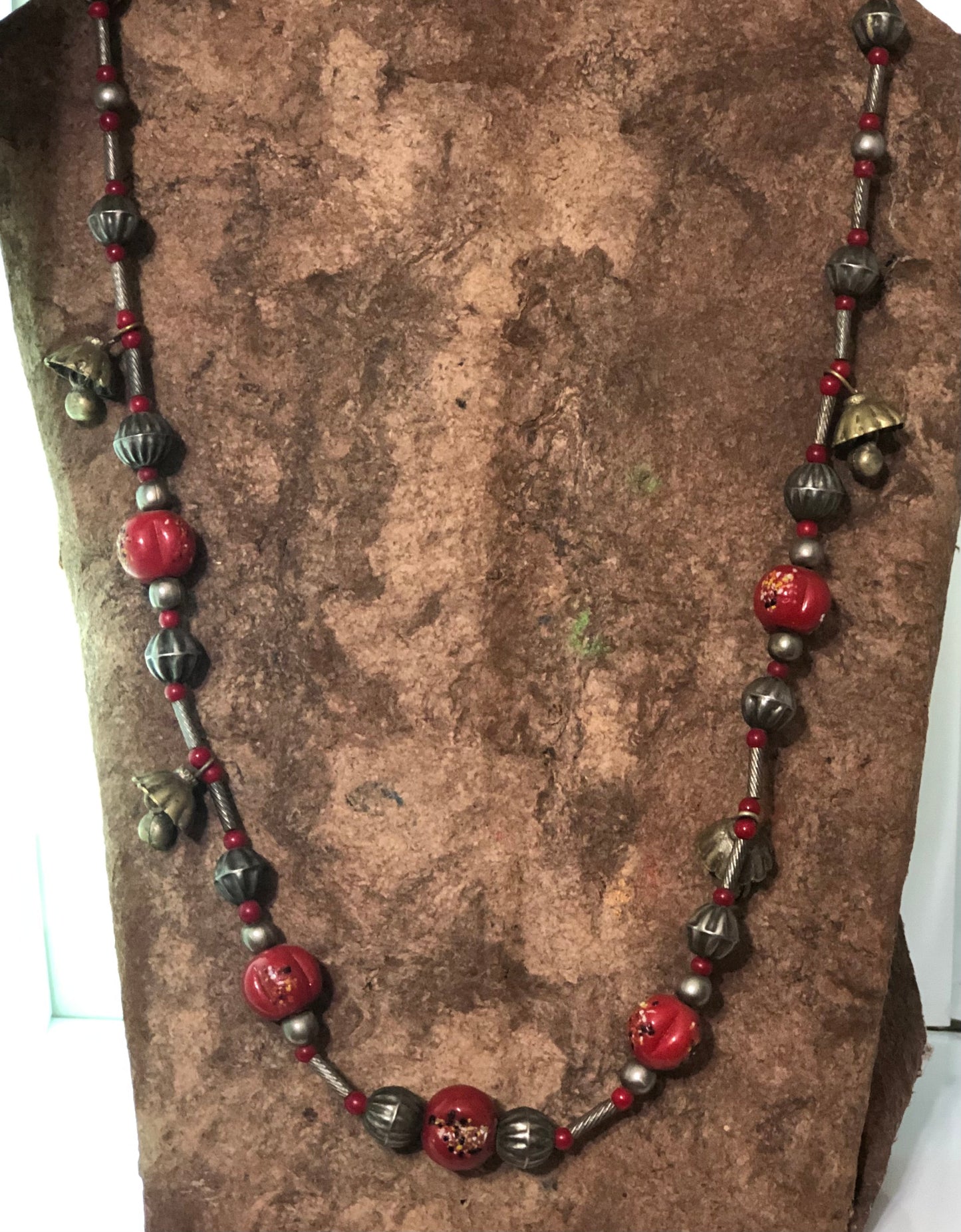 Red Coral Beads Silver with Brass Bells