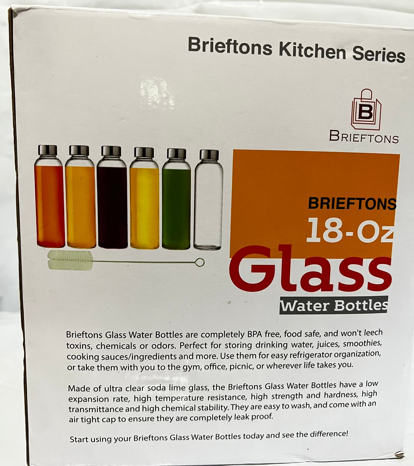 Brieftons 6 Pack of 18 Oz Glass Bottles with Lids Reusable Refillable Water Bottle for Juicing