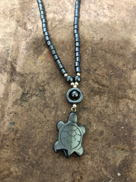 Hematite Beaded Necklace with a Hematite Turtle Pendant