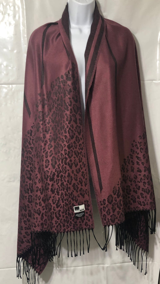 Kaleidos Moda Burgundy and black wrap/scarf with animal print and fringes.