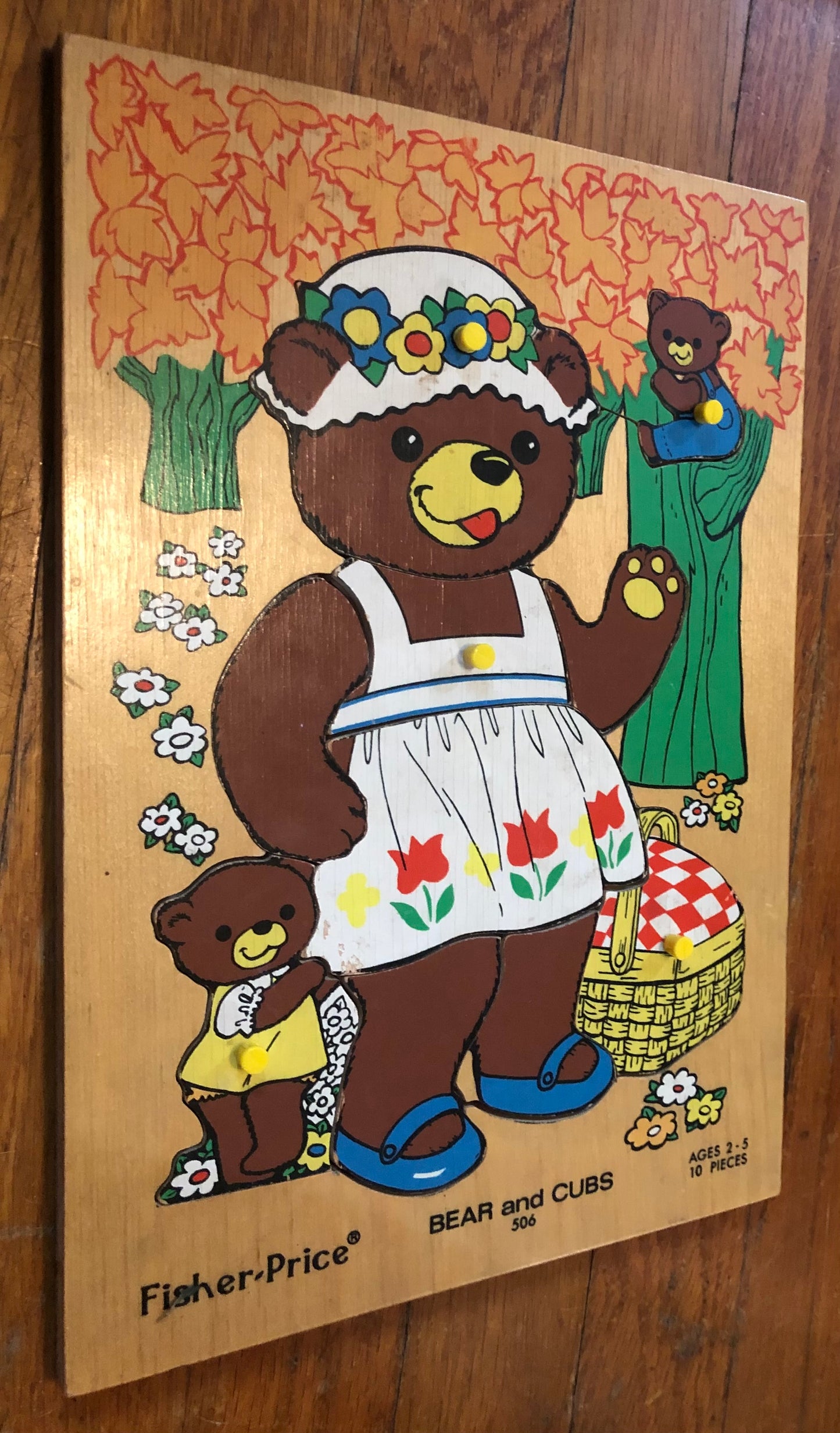 Fisher Price Vintage Wood Peg Puzzle - Bear and Cubs #506 - 10 Pieces