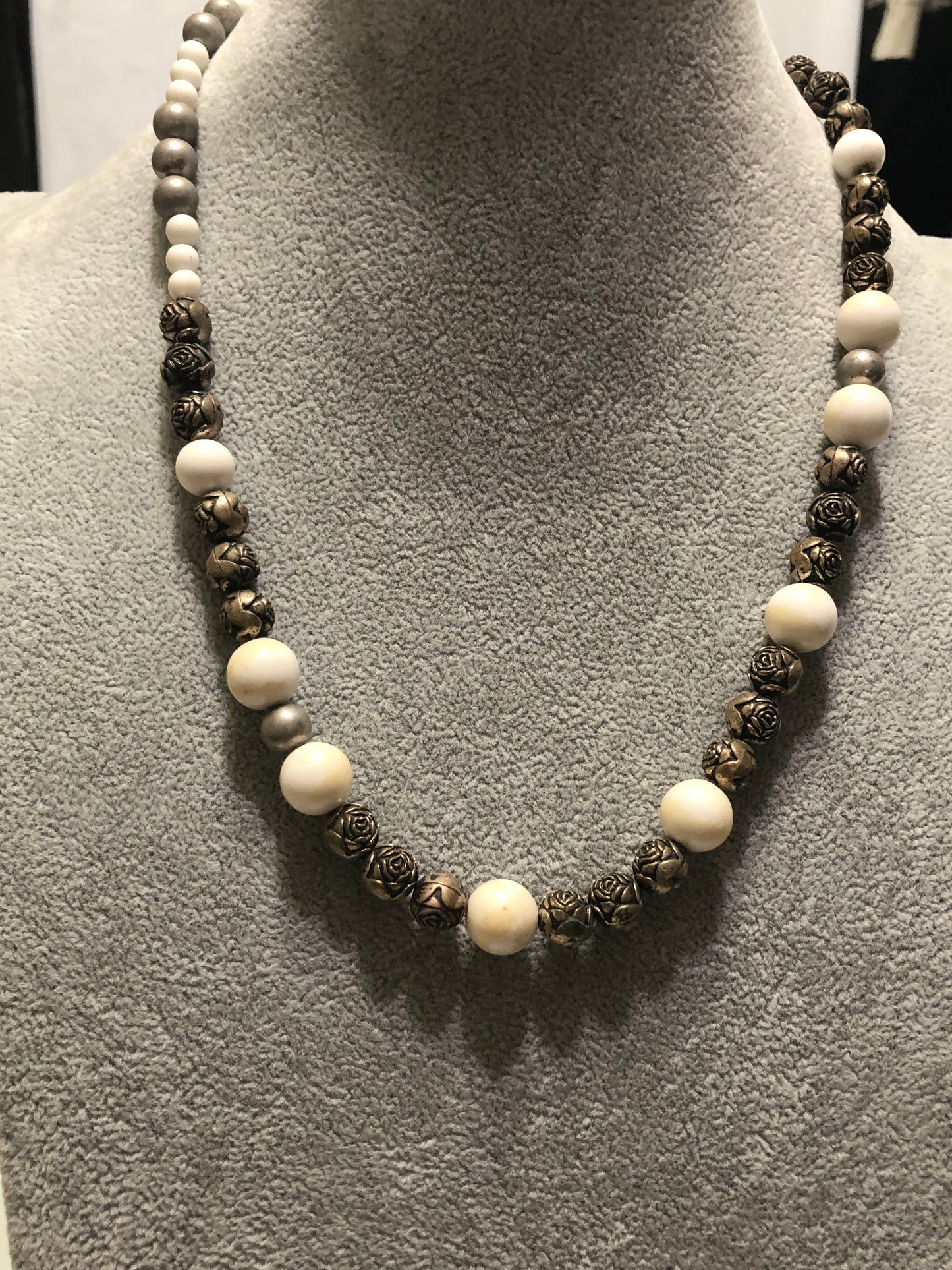 Magnesite and Antique Gold Metal Rose Bead Necklace - 20"