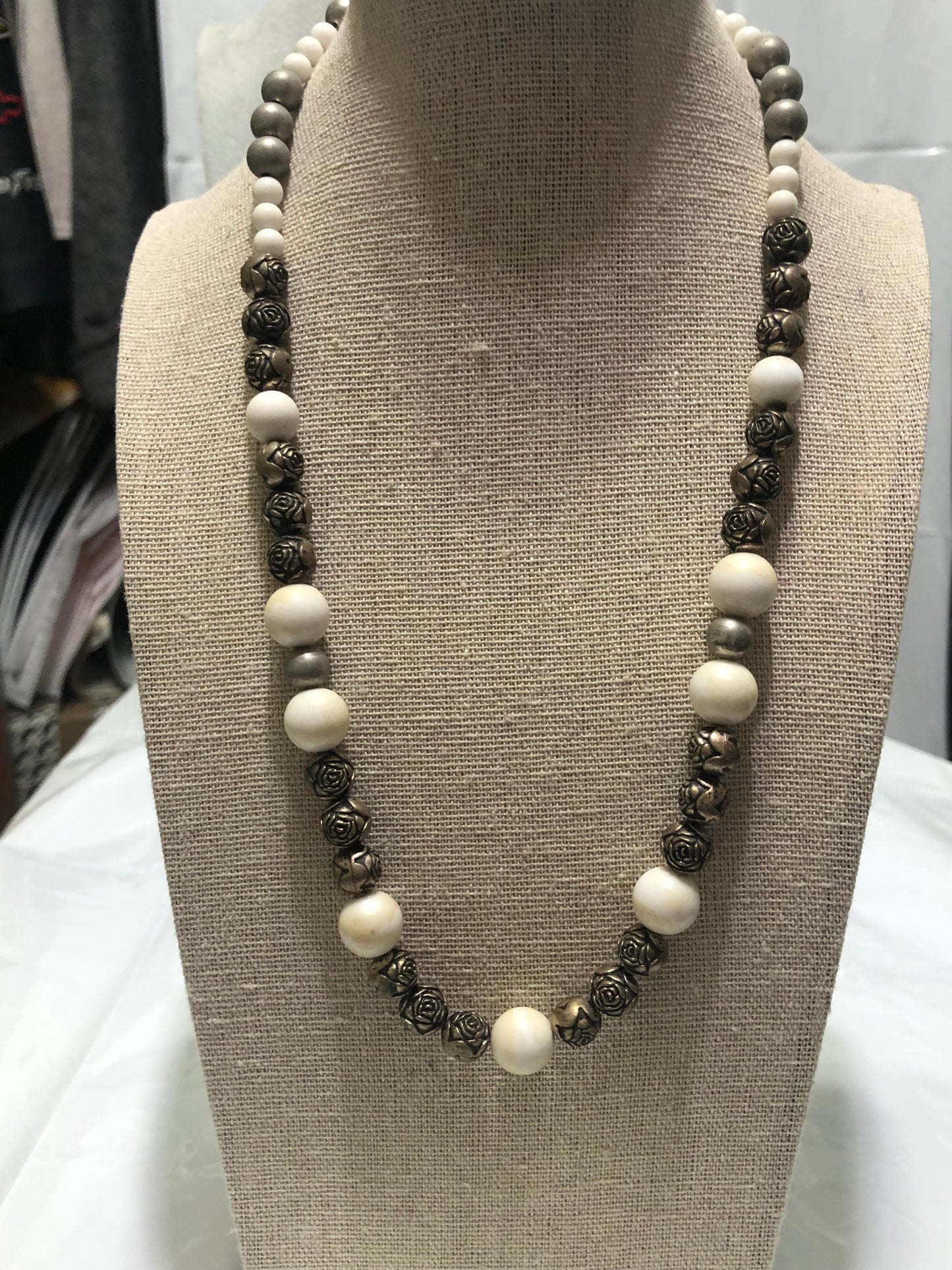 Magnesite and Antique Gold Metal Rose Bead Necklace - 20"