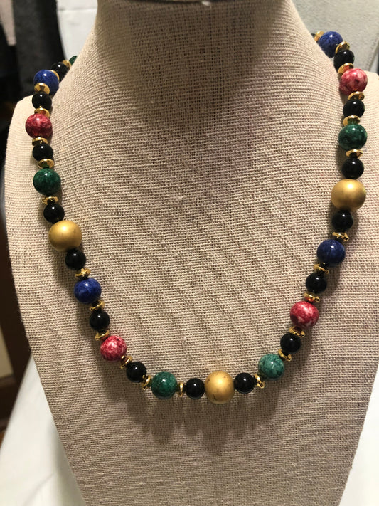 Beaded Malacite, Sodalite, Onyx and Agate Necklace - 24"