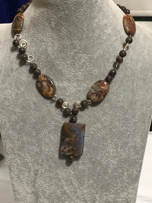 Moss Agate and Silver Necklace