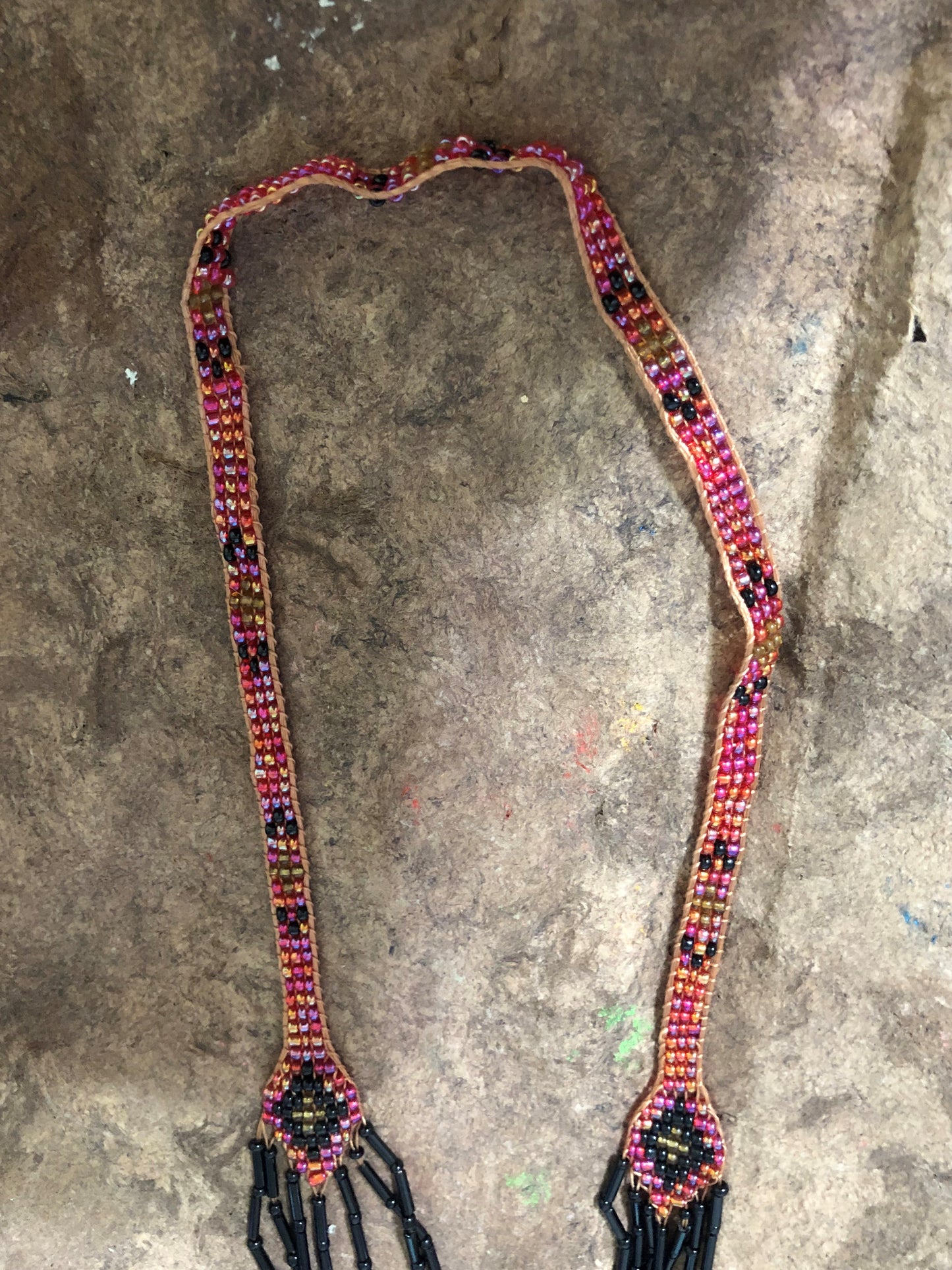 Loomed Beaded Necklace - Native American design - Red, Black and Gold Vintage