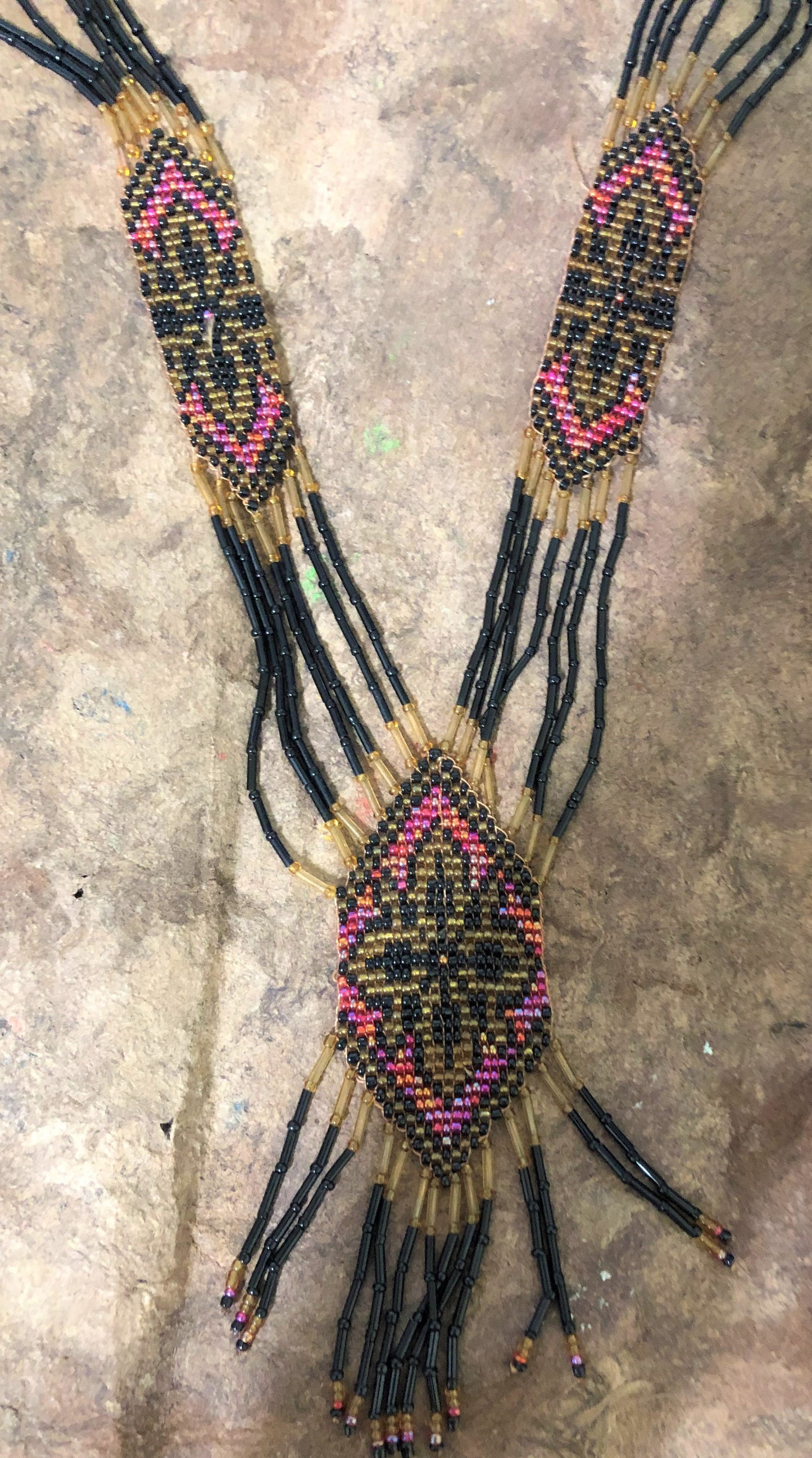 Loomed Beaded Necklace - Native American design - Red, Black and Gold Vintage