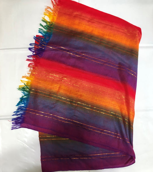 Peruvian Handwoven Scarf Red Purple and Blue with Gold Threads