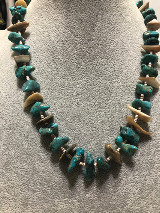 Turquoise and Abalone Beaded Necklace - 28" Vintage