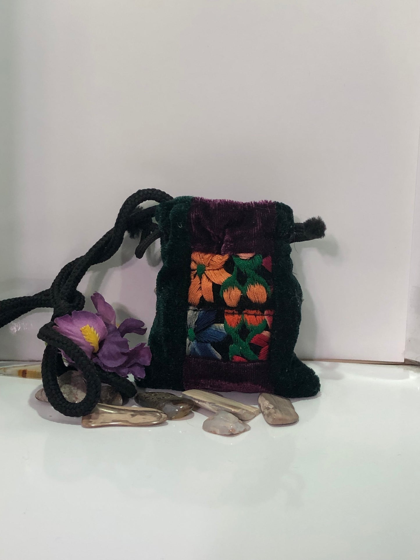 Black Velvet Embroidered Cinch Bag